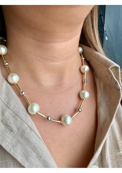 Inci Topçuk Sıralı Gold Çubuk Plaka Detay Kolye