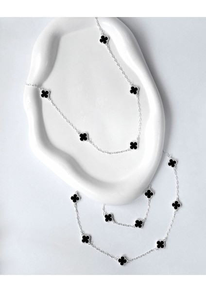 Kadın Çelik Siyah Mini Yonca Model Kolye Paslanmaz Kararmaz