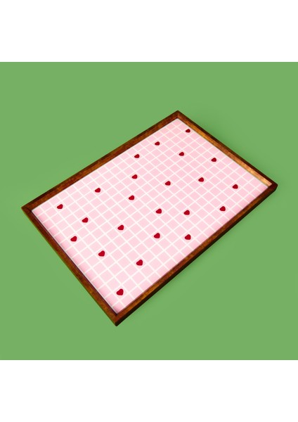 Deco Kırmızı Kalp Dekoratif Desenli Tepsi - Kırmızı / Pembe - 28,5X41 cm