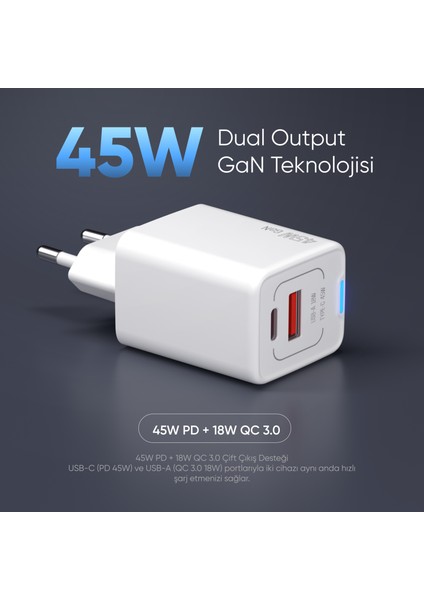 SL-ECG45 Type Usb-C 45W Pd + 18W USB Qc 3.0 Gan Beyaz Hızlı Ev Şarj Adaptörü indirimleri