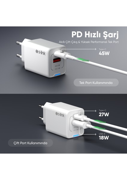 SL-ECG45 Type Usb-C 45W Pd + 18W USB Qc 3.0 Gan Beyaz Hızlı Ev Şarj Adaptörü fırsatları