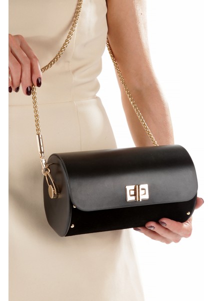 Julia Siyah Süet Çapraz Zincir Askılı Günlük Abiye Gerçek Deri Kadın El ve Omuz Çantası