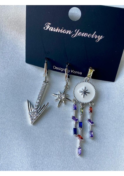 3’lü Sedef Taşlı Gümüş Çelik Küpe