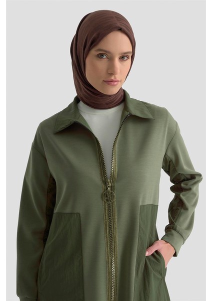 Paraşüt Kumaş Mixli Örme Hırka 25KT5626 Haki