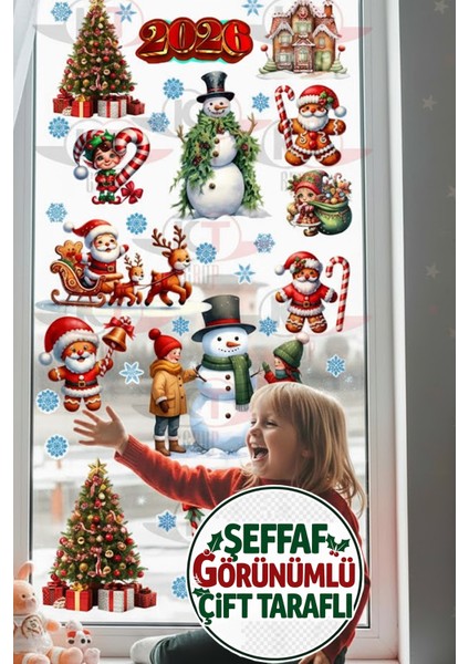 Şeffaf Çift Taraflı Kardan Adam ve Noel Baba Yılbaşı 2026 Sticker Seti
