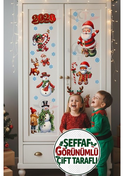 Şeffaf Çift Taraflı Kardan Adam ve Noel Baba Yılbaşı 2026 Sticker Seti fiyatları