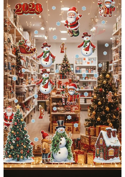 Şeffaf Çift Taraflı Kardan Adam ve Noel Baba Yılbaşı 2026 Sticker Seti modelleri