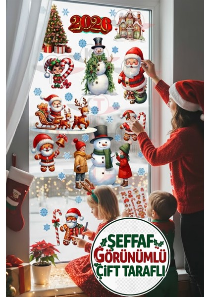 Şeffaf Çift Taraflı Kardan Adam ve Noel Baba Yılbaşı 2026 Sticker Seti indirimleri