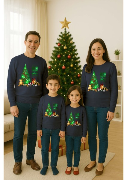 Unisex Happy New Year Yılbaşı Baskılı Yetişkin ve Çocuk Sweatshirt 3 Iplik Şardonlu Kumaş