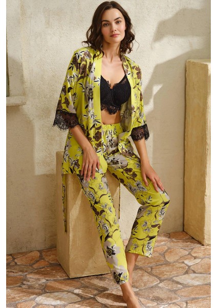 Arias Closet Dokuma Viskon Çiçek Baskılı Dantelli Sabahlık Balenli Desteksiz Dolgusuz Büstiyer Sütyen ve Pantolon Pijama 3lü Takım