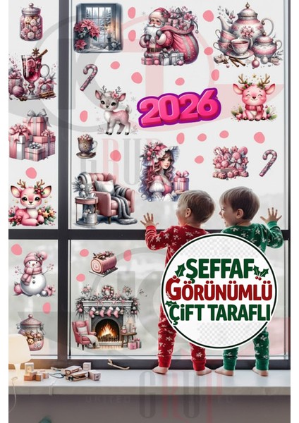 Çift Taraflı Pembe Noel Geyiği, Şömine ve Noel Baba Sticker Seti - Yılbaşı Dekoru