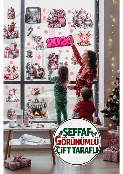 Çift Taraflı Pembe Noel Geyiği, Şömine ve Noel Baba Sticker Seti - Yılbaşı Dekoru fiyatları