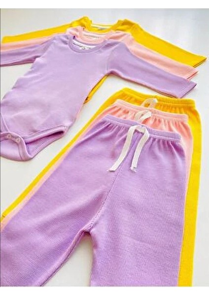 3'lü %100 Pamuklu Uzun Kol Bebek Body Pantolon Takım Düz Desenli Kız Çocuk İçin