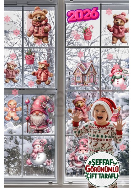 Şeffaf Çift Taraflı Ayıcık, Pembe Gnome ve Kardan Adam Sticker Seti - Yılbaşı Kapı Dolap Cam Dekoru