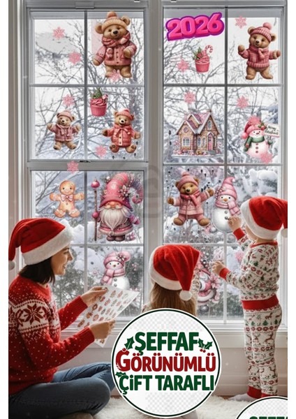 Şeffaf Çift Taraflı Ayıcık, Pembe Gnome ve Kardan Adam Sticker Seti - Yılbaşı Kapı Dolap Cam Dekoru fiyatları