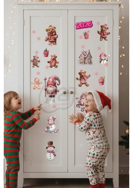 Şeffaf Çift Taraflı Ayıcık, Pembe Gnome ve Kardan Adam Sticker Seti - Yılbaşı Kapı Dolap Cam Dekoru modelleri