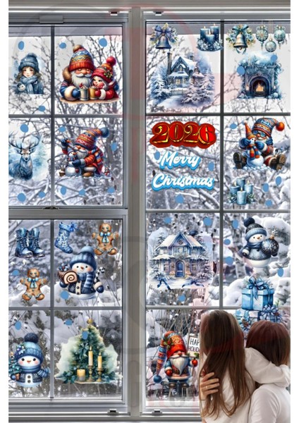 Yeni Yıl Yılbaşı Figürleri Hoşgeldin 2026 Kış Evleri, Noel Baba, Kardan Adam ve Cüceler Sticker Seti