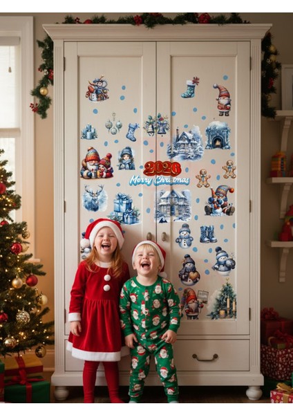 Yeni Yıl Yılbaşı Figürleri Hoşgeldin 2026 Kış Evleri, Noel Baba, Kardan Adam ve Cüceler Sticker Seti modelleri