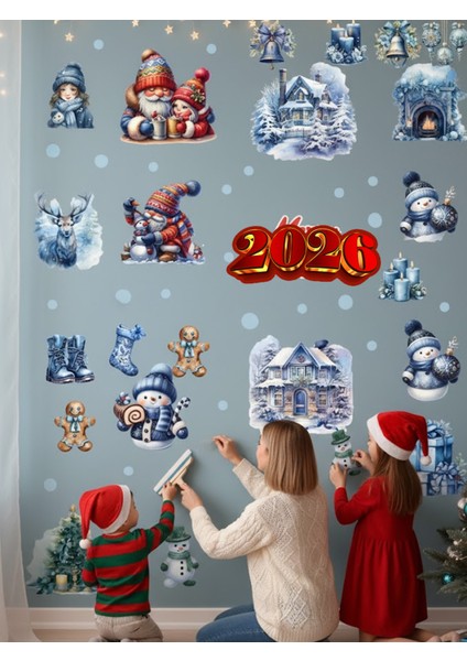 Yeni Yıl Yılbaşı Figürleri Hoşgeldin 2026 Kış Evleri, Noel Baba, Kardan Adam ve Cüceler Sticker Seti fırsatları