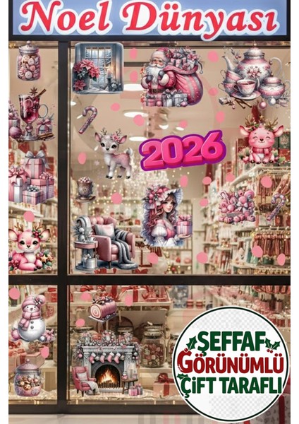 Çift Taraflı Pembe Noel Geyiği, Şömine ve Noel Baba Sticker Seti - Yılbaşı Dekoru modelleri