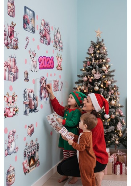 Çift Taraflı Pembe Noel Geyiği, Şömine ve Noel Baba Sticker Seti - Yılbaşı Dekoru fırsatları