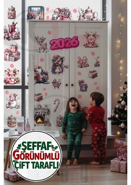 Çift Taraflı Pembe Noel Geyiği, Şömine ve Noel Baba Sticker Seti - Yılbaşı Dekoru indirimleri