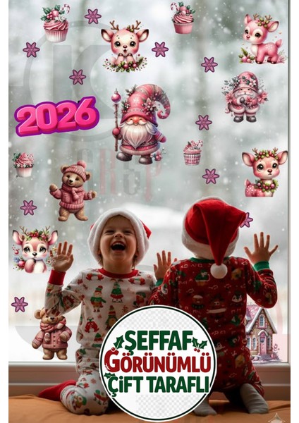 Şeffaf Çift Taraflı Pembe Geyik, Ayıcık ve Gnome Sticker Seti - Yılbaşı Pencere Kapı Dolap Dekoru