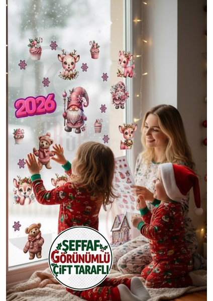 Şeffaf Çift Taraflı Pembe Geyik, Ayıcık ve Gnome Sticker Seti - Yılbaşı Pencere Kapı Dolap Dekoru fiyatları