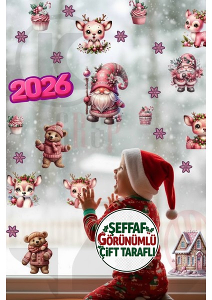 Şeffaf Çift Taraflı Pembe Geyik, Ayıcık ve Gnome Sticker Seti - Yılbaşı Pencere Kapı Dolap Dekoru modelleri