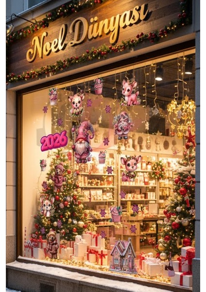 Şeffaf Çift Taraflı Pembe Geyik, Ayıcık ve Gnome Sticker Seti - Yılbaşı Pencere Kapı Dolap Dekoru fırsatları