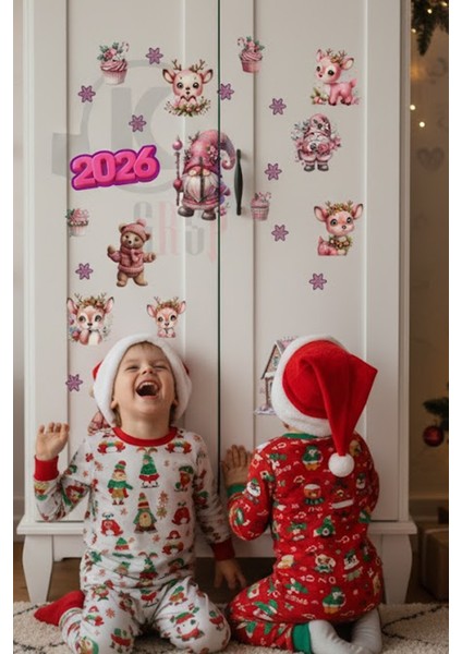 Şeffaf Çift Taraflı Pembe Geyik, Ayıcık ve Gnome Sticker Seti - Yılbaşı Pencere Kapı Dolap Dekoru indirimleri