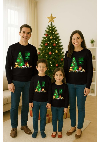 Unisex Happy New Year Yılbaşı Baskılı Yetişkin ve Çocuk Sweatshirt 3 Iplik Şardonlu Kumaş