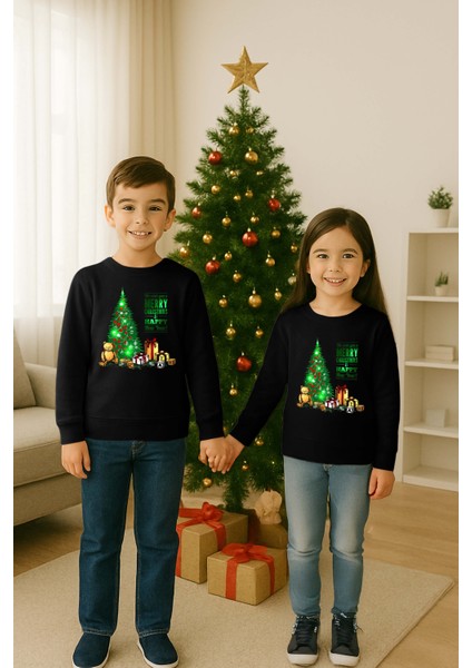 Unisex Happy New Year Yılbaşı Baskılı Yetişkin ve Çocuk Sweatshirt 3 Iplik Şardonlu Kumaş modelleri