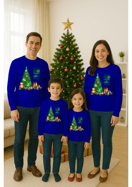 Unisex Happy New Year Yılbaşı Baskılı Yetişkin ve Çocuk Sweatshirt 3 Iplik Şardonlu Kumaş