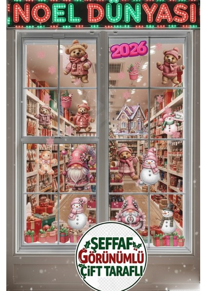 Şeffaf Çift Taraflı Ayıcık, Pembe Gnome ve Kardan Adam Sticker Seti - Yılbaşı Kapı Dolap Cam Dekoru fırsatları