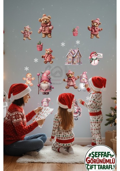 Şeffaf Çift Taraflı Ayıcık, Pembe Gnome ve Kardan Adam Sticker Seti - Yılbaşı Kapı Dolap Cam Dekoru indirimleri