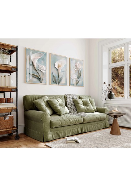 Ahşap Tablo, 3 Parça Çerçeveli Ahşap Tablo, Soft Yeşil Duvar Tablosu, Ev Dekoru