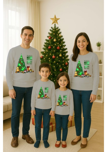 Unisex Happy New Year Yılbaşı Baskılı Yetişkin ve Çocuk Sweatshirt 3 Iplik Şardonlu Kumaş