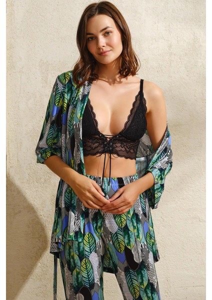 Arias Closet Viskon Yaprak Baskılı Sabahlık Balensiz Desteksiz Dolgusuz Dantelli Bralet Sütyen ve Pantolon Pijama 3lü Takım