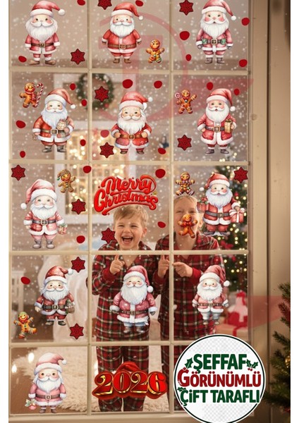 2026 Yeni Yıl Şeffaf Çift Taraflı Noel Baba ve Zencefilli Kurabiye Adam Yılbaşı Sticker Seti