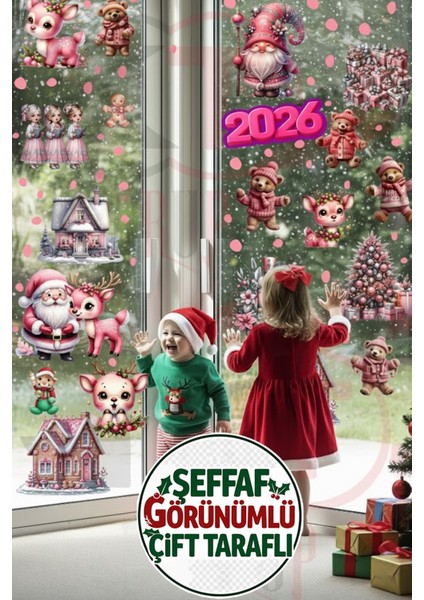 Çift Taraflı Pembe Geyik, Ayıcık ve Gnome Sticker Seti - Yılbaşı Kapı Dolap Duvar Pencere Dekoru