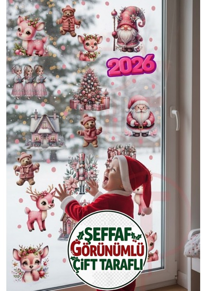 Çift Taraflı Pembe Geyik, Ayıcık ve Gnome Sticker Seti - Yılbaşı Kapı Dolap Duvar Pencere Dekoru fiyatları