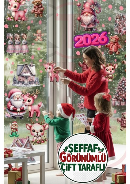 Çift Taraflı Pembe Geyik, Ayıcık ve Gnome Sticker Seti - Yılbaşı Kapı Dolap Duvar Pencere Dekoru modelleri