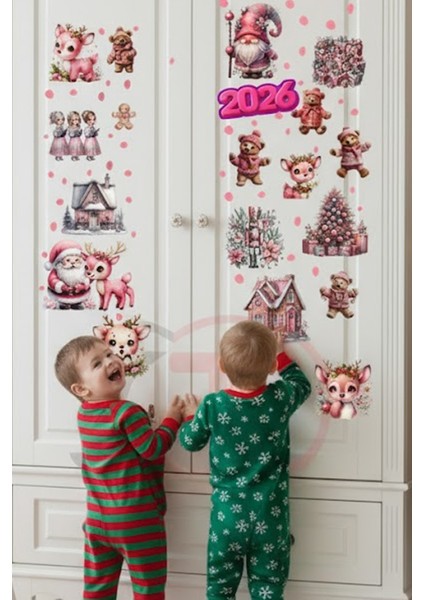Çift Taraflı Pembe Geyik, Ayıcık ve Gnome Sticker Seti - Yılbaşı Kapı Dolap Duvar Pencere Dekoru fırsatları