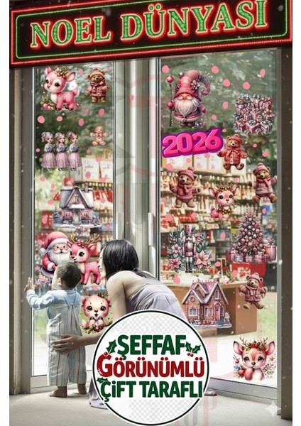 Çift Taraflı Pembe Geyik, Ayıcık ve Gnome Sticker Seti - Yılbaşı Kapı Dolap Duvar Pencere Dekoru indirimleri