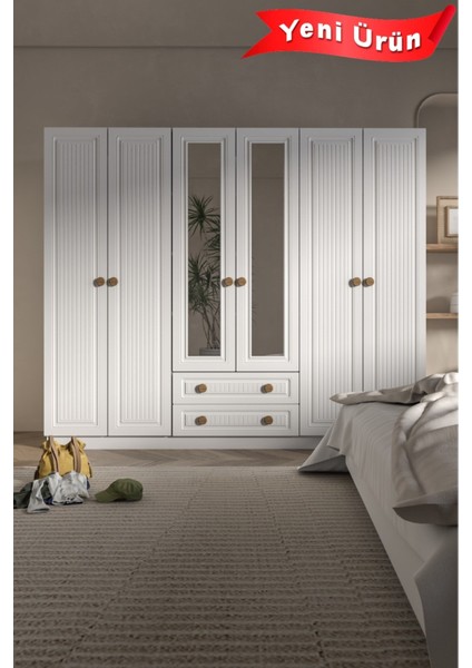Bohem 6 Kapak 2 Çekmece Aynalı Gardırop Mdf Kapak