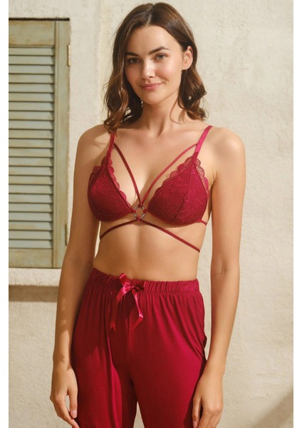 Arias Closet Viskon Dantelli Sabahlık Yaka Detaylı Sırt Dekolteli Bustiyer Sütyen ve Pantolon Pijama 3lü Takım modelleri