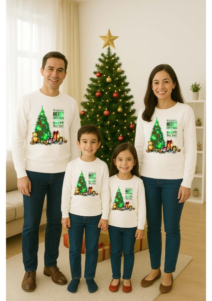 Unisex Happy New Year Yılbaşı Baskılı Yetişkin ve Çocuk Sweatshirt 3 Iplik Şardonlu Kumaş