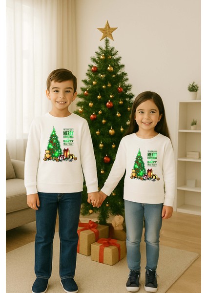 Unisex Happy New Year Yılbaşı Baskılı Yetişkin ve Çocuk Sweatshirt 3 Iplik Şardonlu Kumaş modelleri