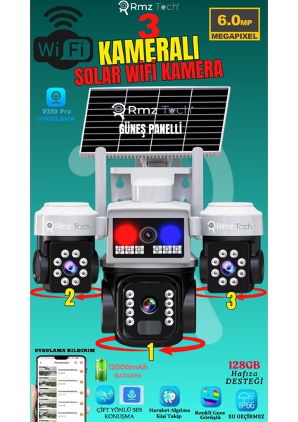 AV-S963W Wifi Solar Güneş Panelli 3 Kameralı 6mp Güvenlik Kamerası – Çift Yönlü Ses, Polis Çakarlı